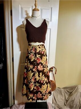 New Chaps Wms Linen Cotton Floral Tan Button A line Boho Summer Midi Skirt 10